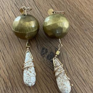Vintage Gold Colored Hammered Metal Balls With White Stone Drop Earrings.